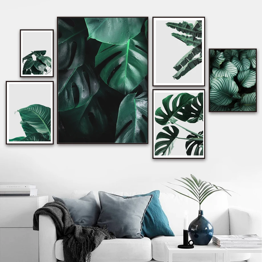 Пресни зелени тропически растения с големи листа, стенно изкуство, живопис върху платно, постери на скандинавскую тема и щампи, стенни картини за вашия интериор дневна