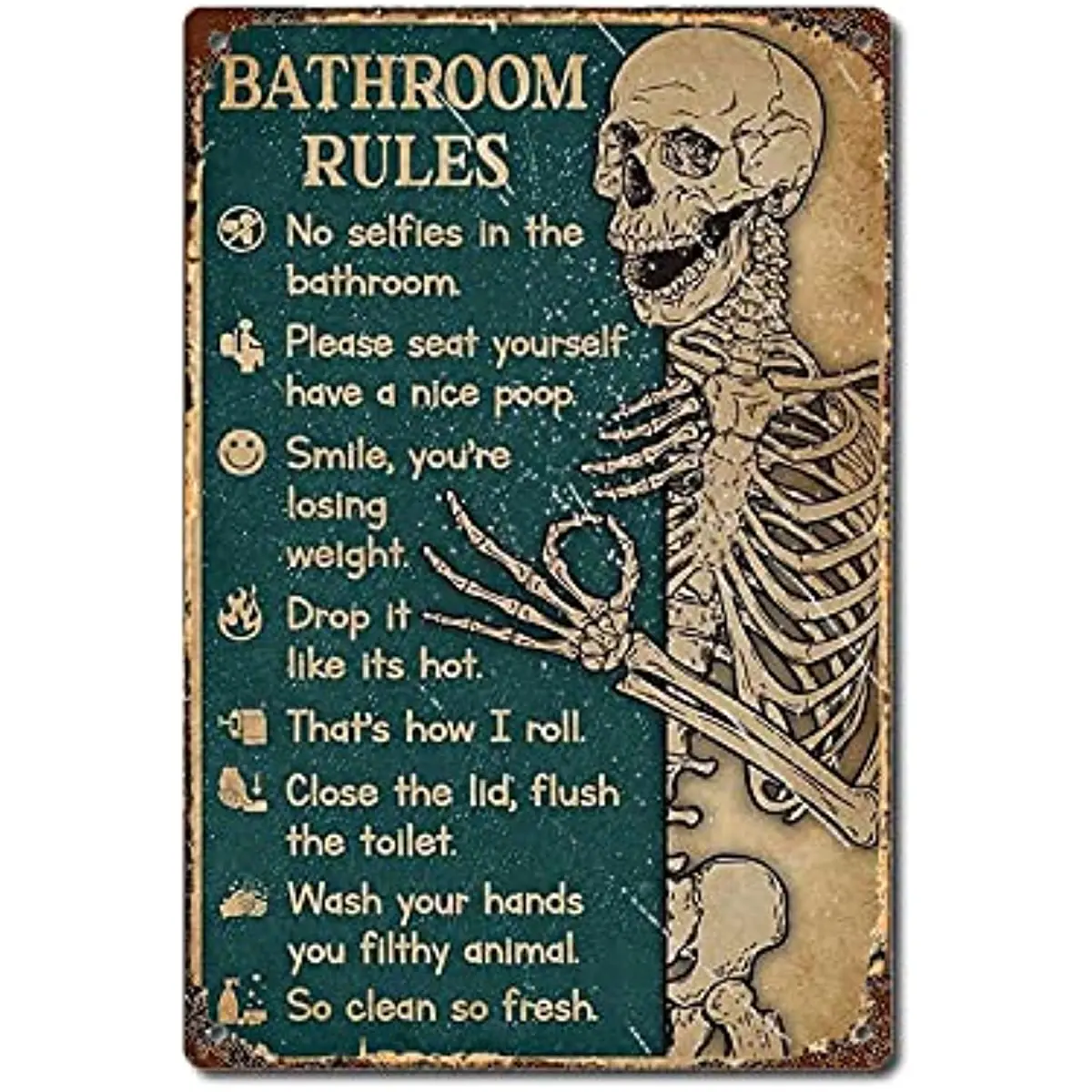 Правила за баня, долно Оттичане Плакат с виртуален скелет, Плакат с виртуален скелет, Плакат с декор на банята, Ретро Метална Лидице Знак