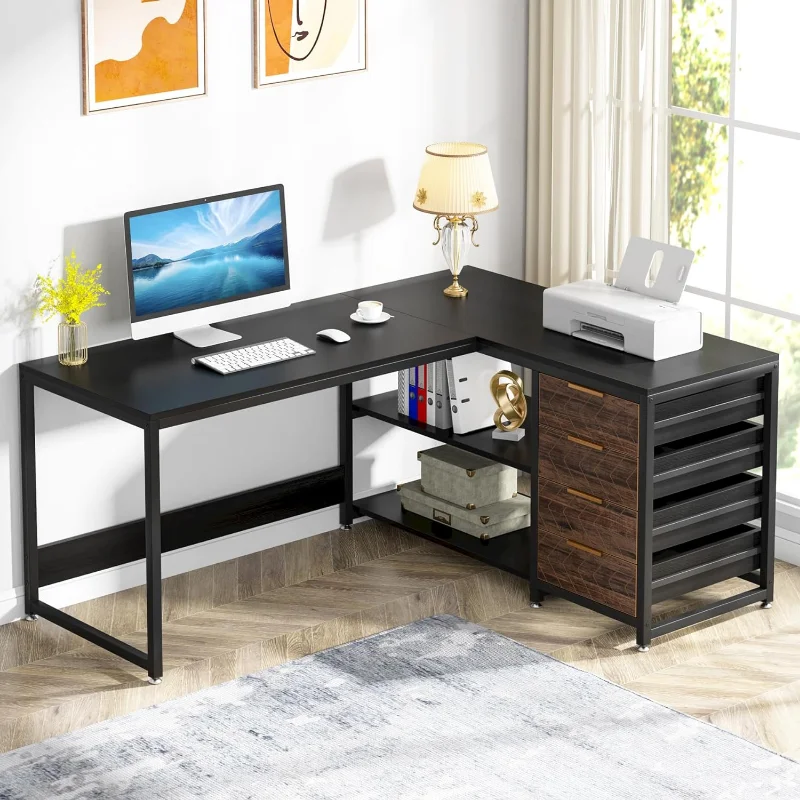 Tribesigns L-образна компютърно бюро с чекмеджета за съхранение, 59-инчов ъгъл маса с рафтове, Обръщане на L-образен офис бюро