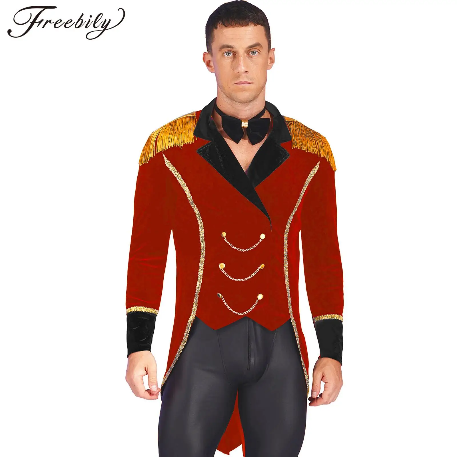 Мъжки костюм инспектор цирков едно пътуване легло за Хелоуин, Карнавал, cosplay, парти, яке за ролеви игри, бархатное палто с дълъг ръкав и ласточкиным опашка + папийонка