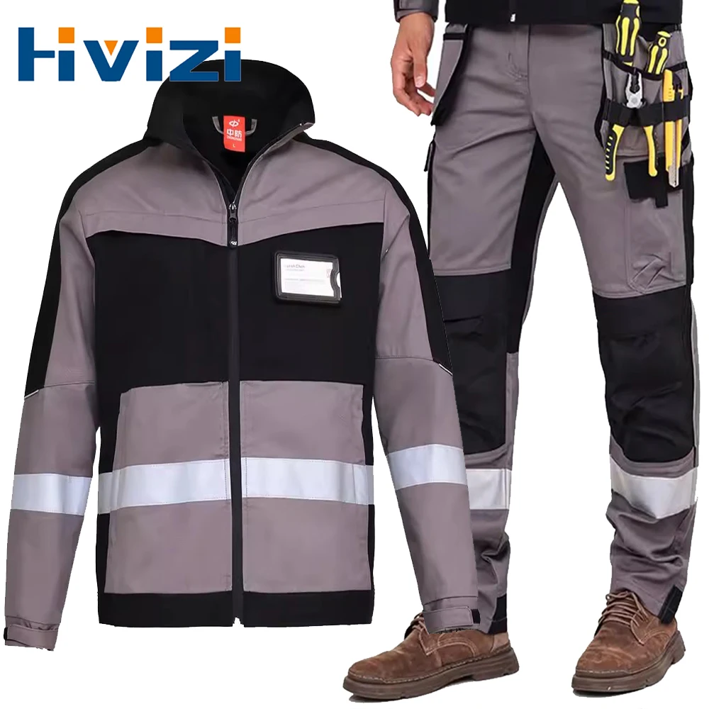 Комплектът работно облекло Hi Vis, повишена видимост, двуцветен светоотражающая яке за работа и панталони-карго с множество джобове, рефлектор