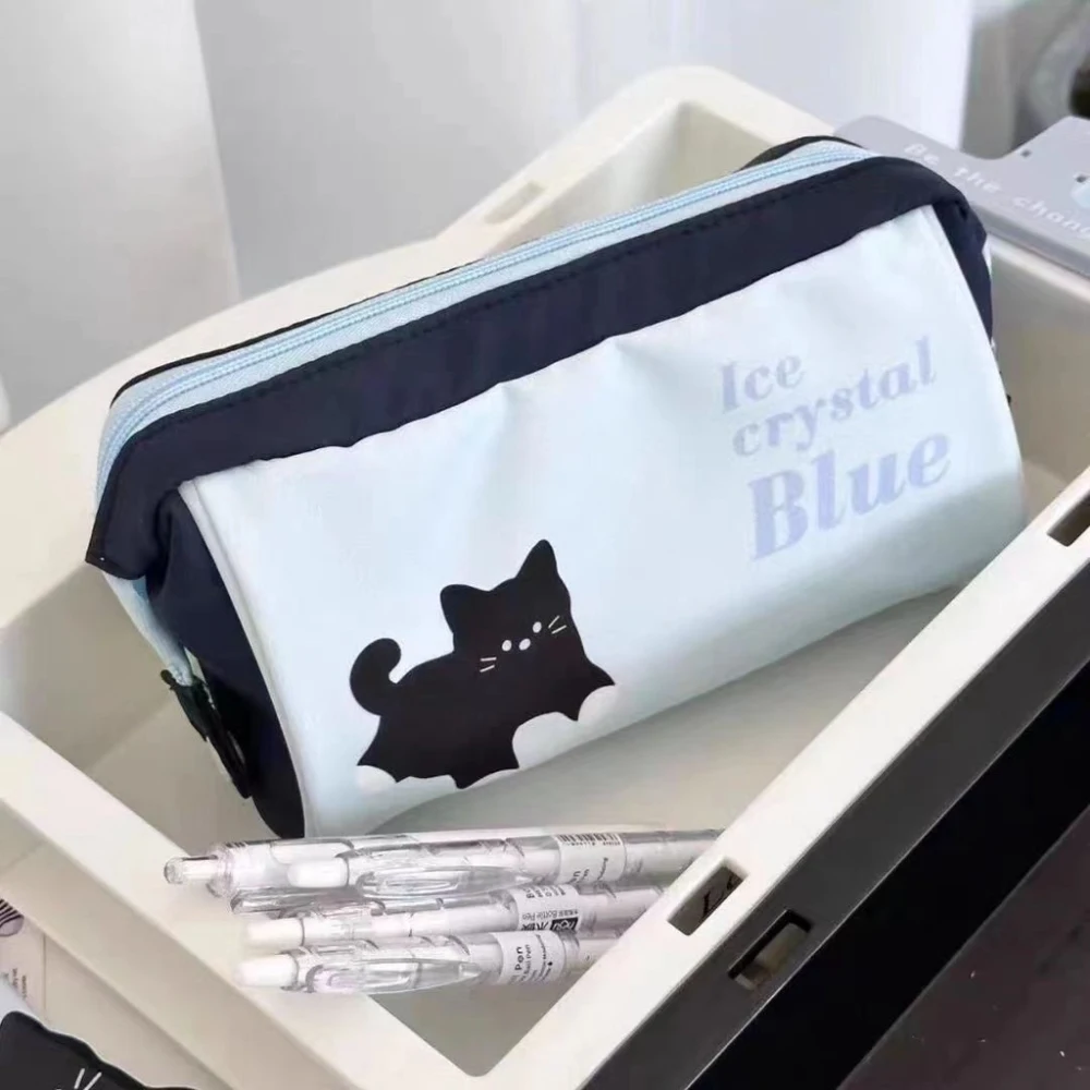 Светло син молив случай е с голям капацитет, прости канцеларски в японски стил, студентски чанта с принтом черна котка, красива