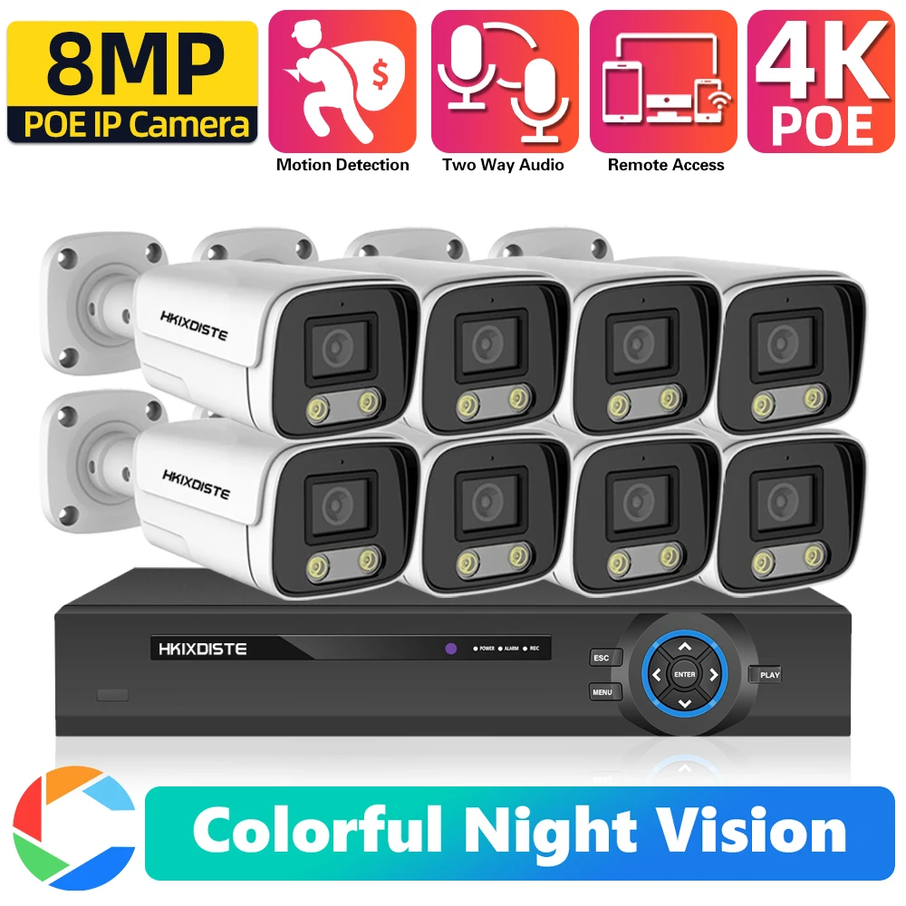 8-Мегапикселова Цветна Нощен Система 8CH 4K HD POE NVR Kit ВИДЕОНАБЛЮДЕНИЕ Двупосочна Аудио AI Human Detect 8-Мегапикселова IP камера Външно видеонаблюдение