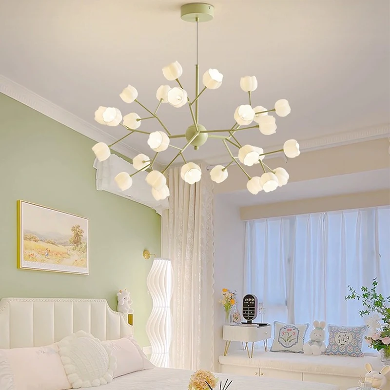 Модерна Бяла Цвете полилей AiPaiTe в кремовом стил, използвана в Хола, Трапезарията, Спалнята, Бяла / Зелена Led полилей