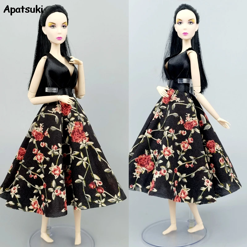 Черно модно рокля с цветен модел, облекло за кукли Барби, празнична рокля, Бебешки играчки със собствените си ръце, аксесоари за кукла къща 1: 6