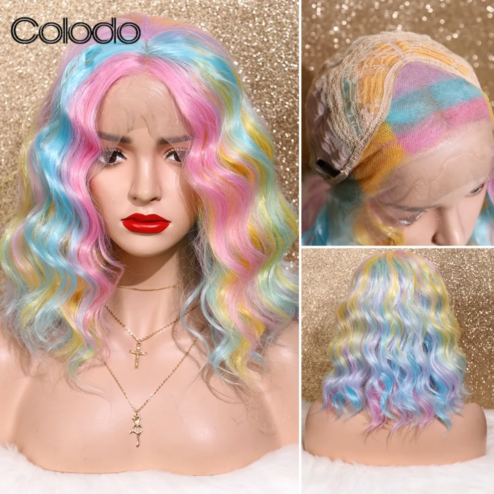 Цветни перуки COLODO за жени, обемна вълна, Кратък Синтетични перука на дантели, Травестит, Cosplay, Мода, Омбре, Дъгата Огнеупорни
