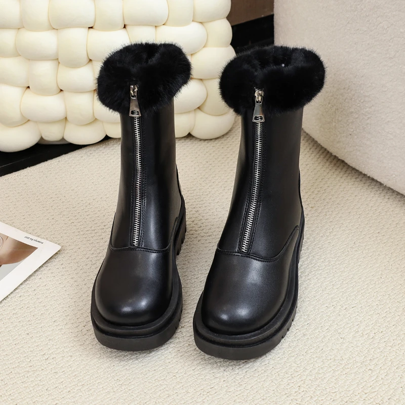 Дамски зимни обувки от микрофибър на квадратен ток до средата на прасците, модерен зимни однотонная дамски обувки с цип, дамски обувки, без закопчалка с кръгло бомбе