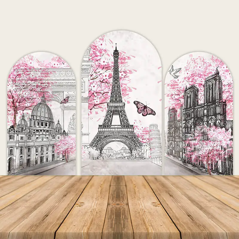 Парижката арка, на фона на корица, Парижское стенно изкуство, Айфеловата кула, Фон за снимка-банер, Европейски градски пейзаж, Розово стенен декор