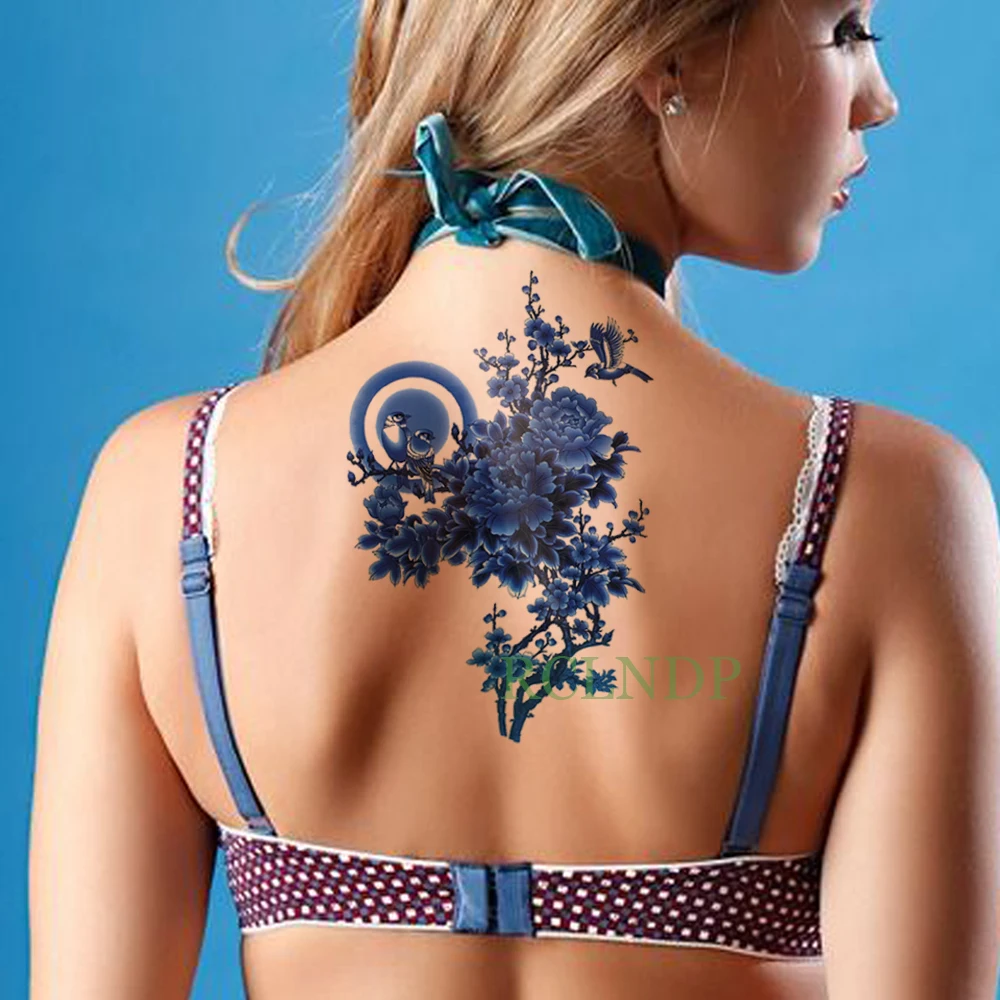 Водоустойчив временна татуировка-стикер сини цветя в задната част на крака татуировка-етикети, флаш татуировка, фалшиви татуировки за жени и момичета