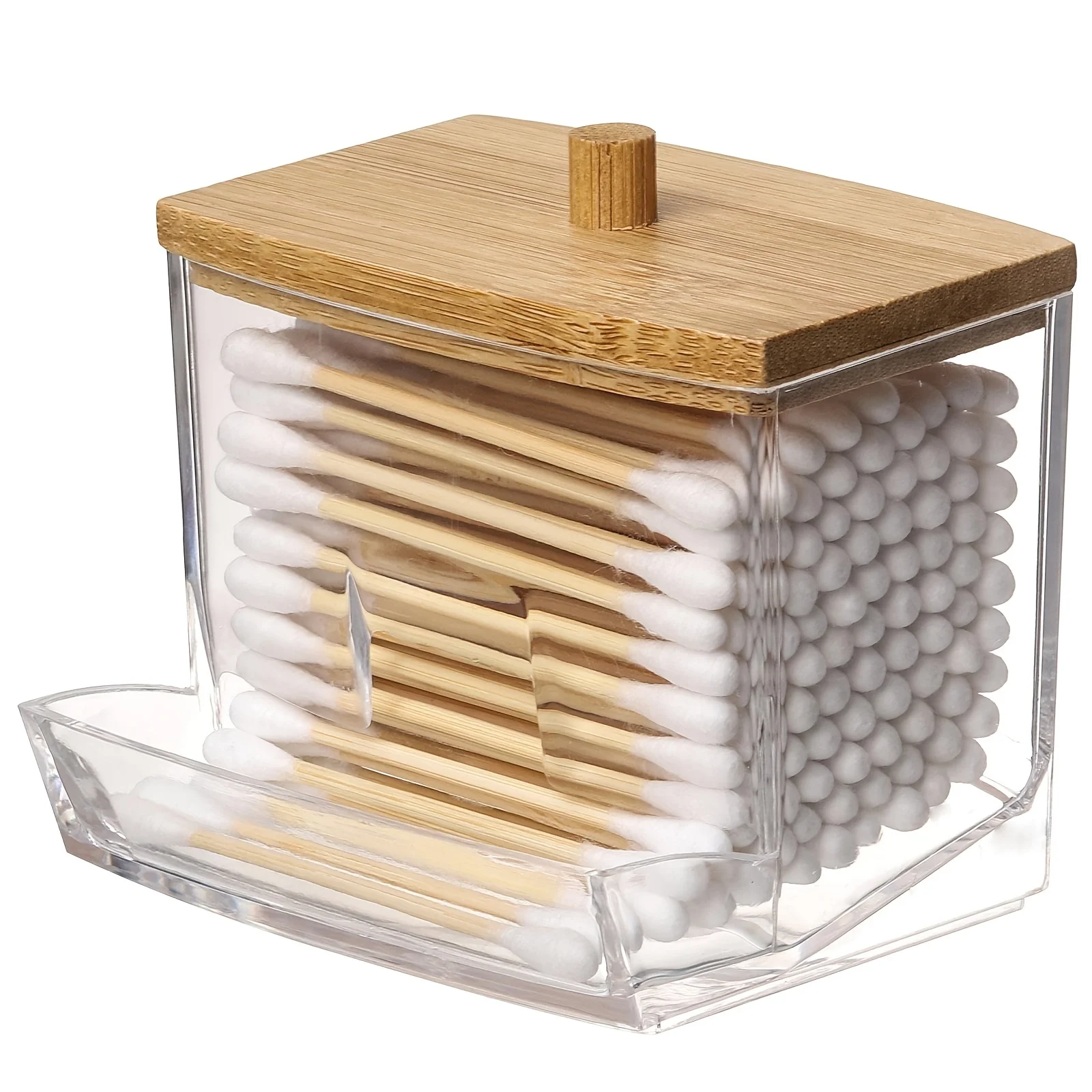 Прозрачен държач за памучни тампони - стилна организация и съхранение на памучни пръчки с дървени капаци - идеално за баня