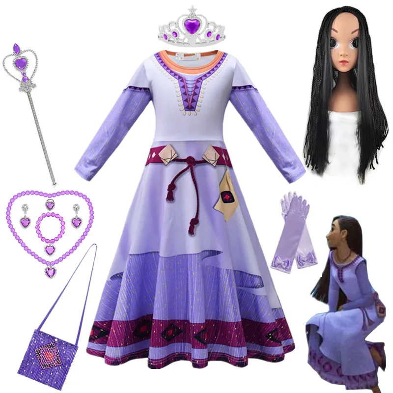Костюм принцеса Asha на Хелоуин за момичета, елегантна празнична рокля, лилава рокля, карнавальная облекло за cosplay, подарък за децата на рожден ден