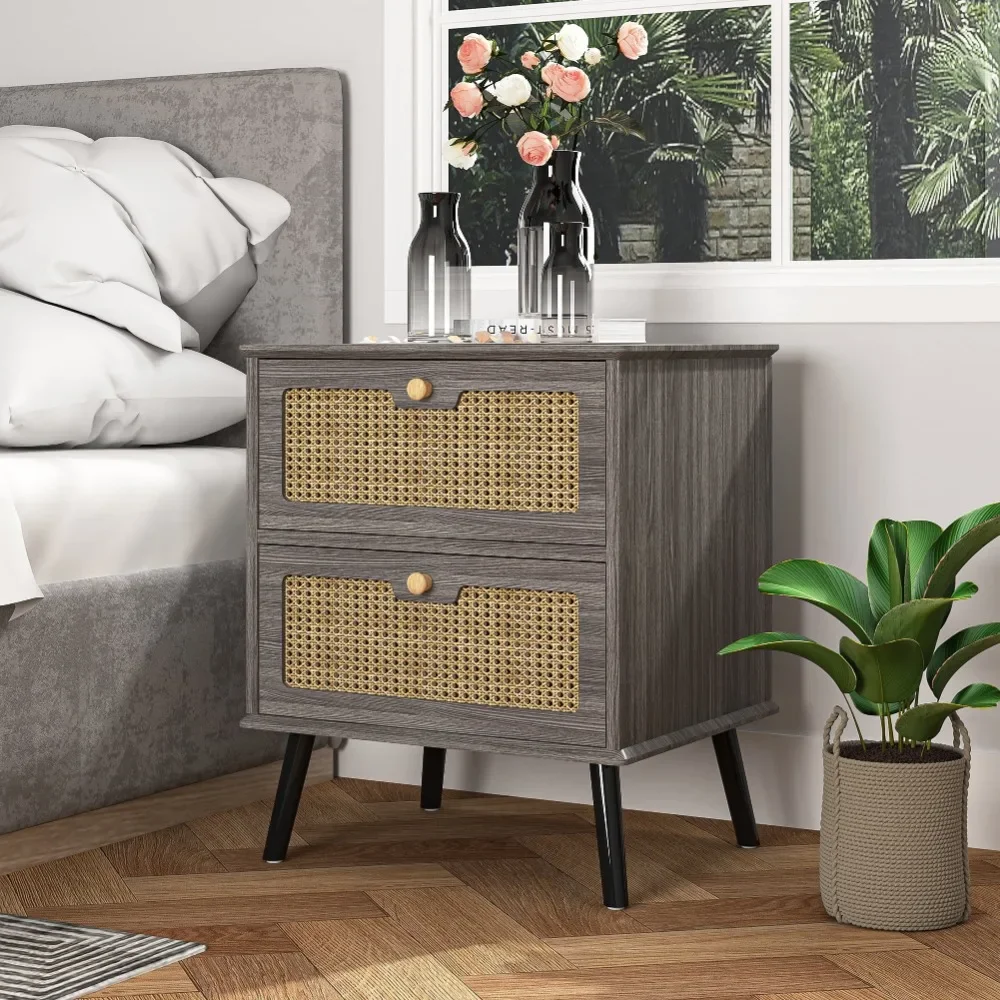 Нощно шкафче с 2 чекмеджета, направени от ратан, модерна дървена малка странична масичка, шкафче за съхранение в хола, спалнята, сиво