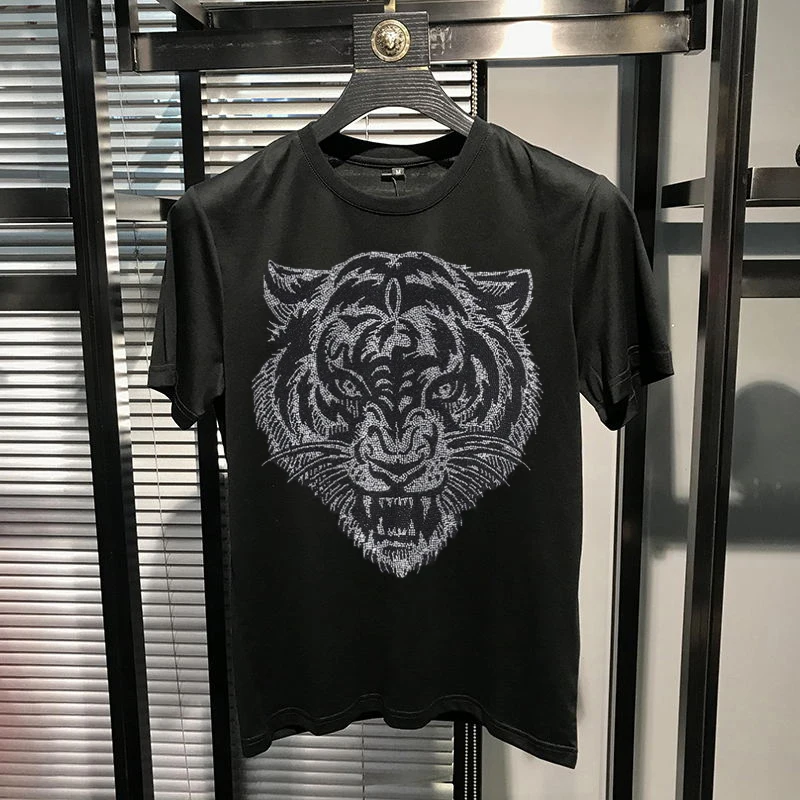 Популярната мъжка тениска с изображение на Тигър и топла диамант, памучен тениска с кръгло деколте и принтом, свободна hoody за фитнес