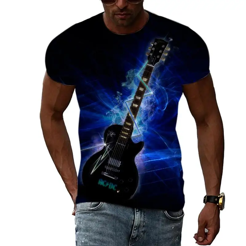 Летни Модни тениски с музикален гитарным модел за мъже, ежедневни тениски с 3D принтом в стил хип-хоп харадзюку, през цялата деколте, къс ръкав